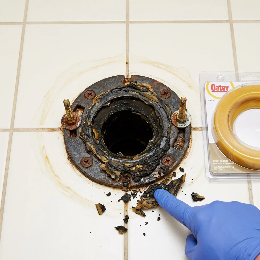 Failed wax ring showing water seepage at the base of a toilet in a Hillsboro, TX home