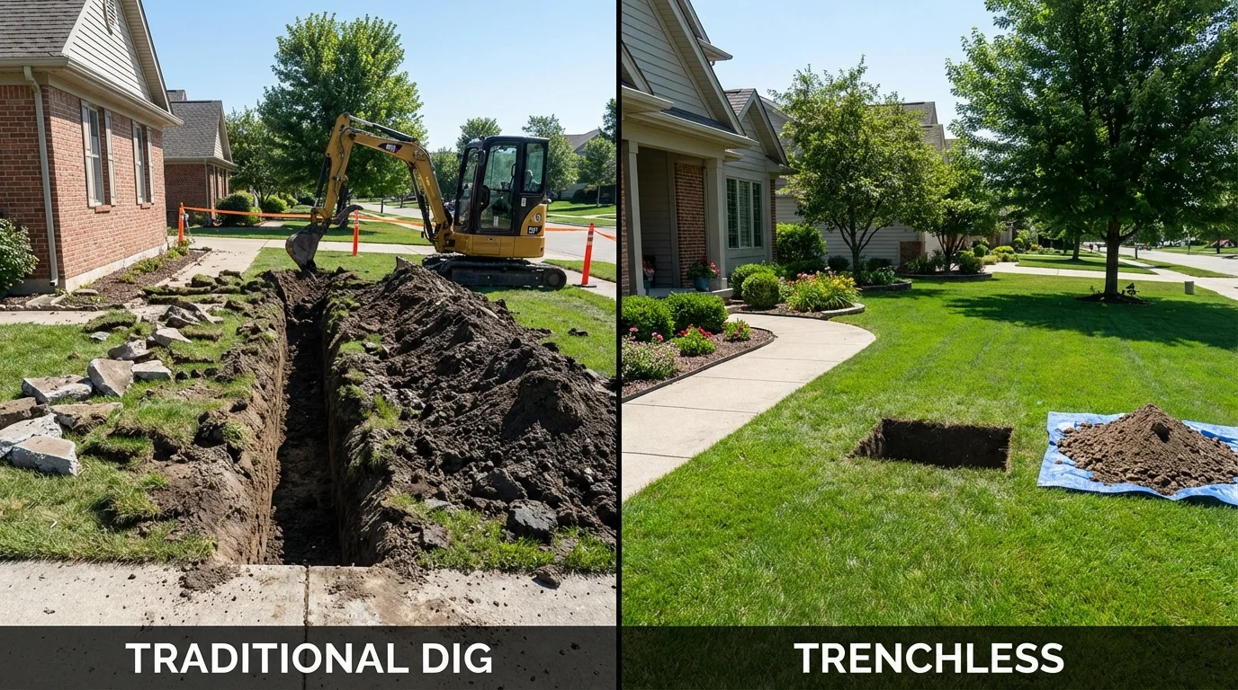Trenchless sewer repair with minimal yard damage versus traditional excavation in Hillsboro, TX